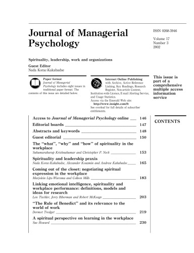 Journal of managerial psychology Vol. 17, No. 3, Spirituality, leadership, work and organization