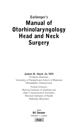 Ballenger's Manual of Otorhinolaryngology Head and Neck Surgery