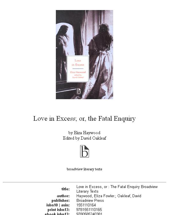 Love In Excess; Or, The Fatal Enquiry