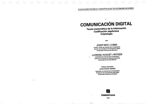 Comunicación digital : teoría matemática de la información, codificación algebraica, criptología