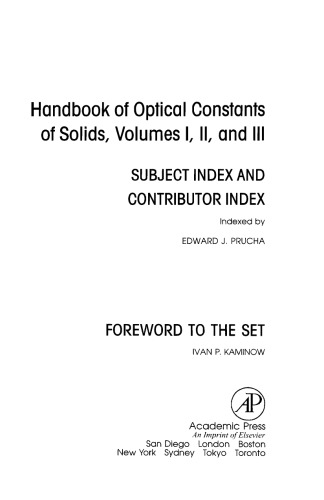 Handbook of Optical Constants of Solids, Author and Subject Indices for Volumes I, II, and III