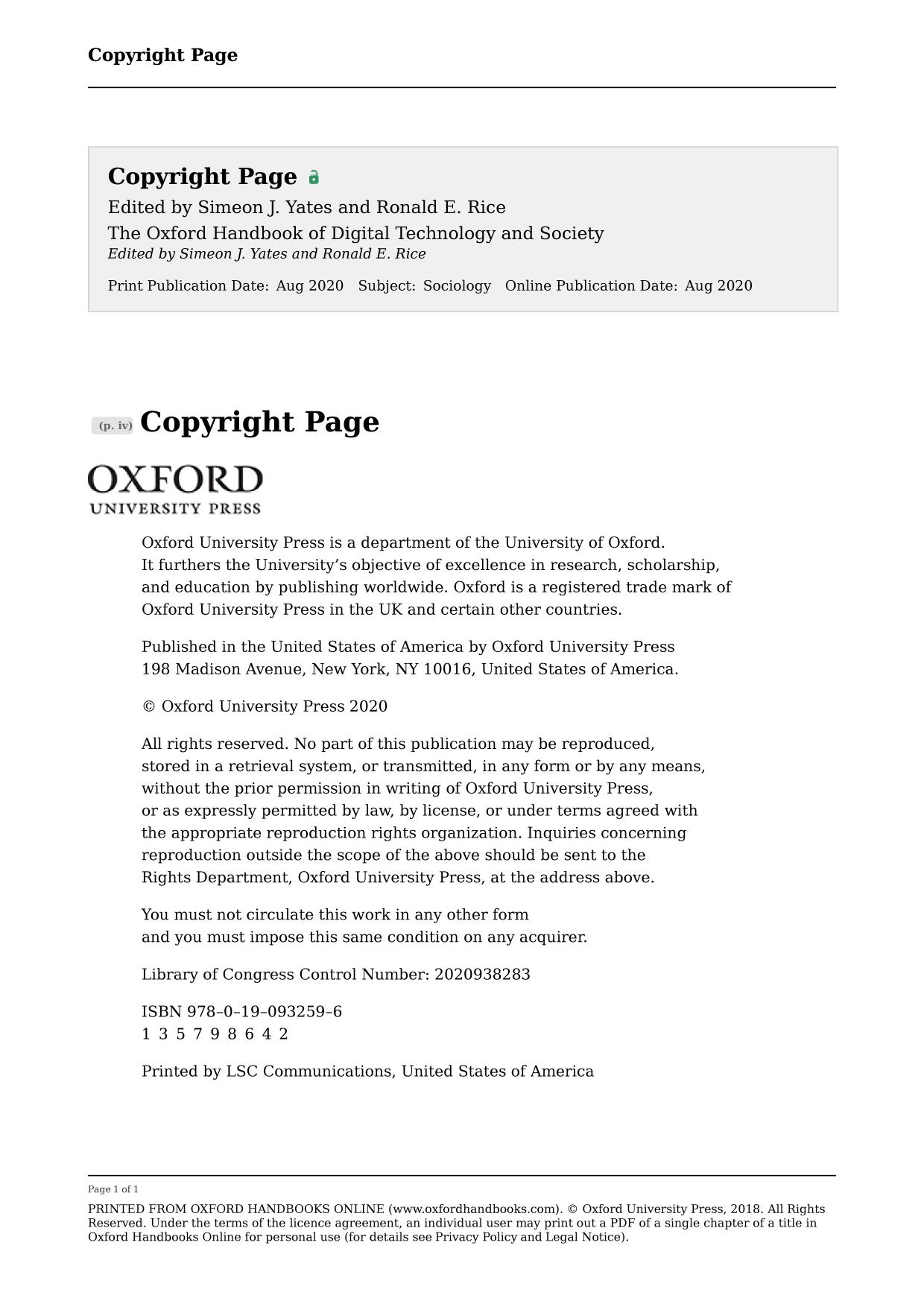 The Oxford Handbook of Digital Technology and Society