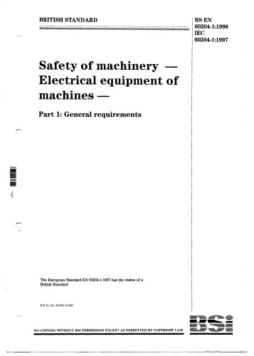 Safety of machinery : electrical equipment of machines. Part 1, General requirements.