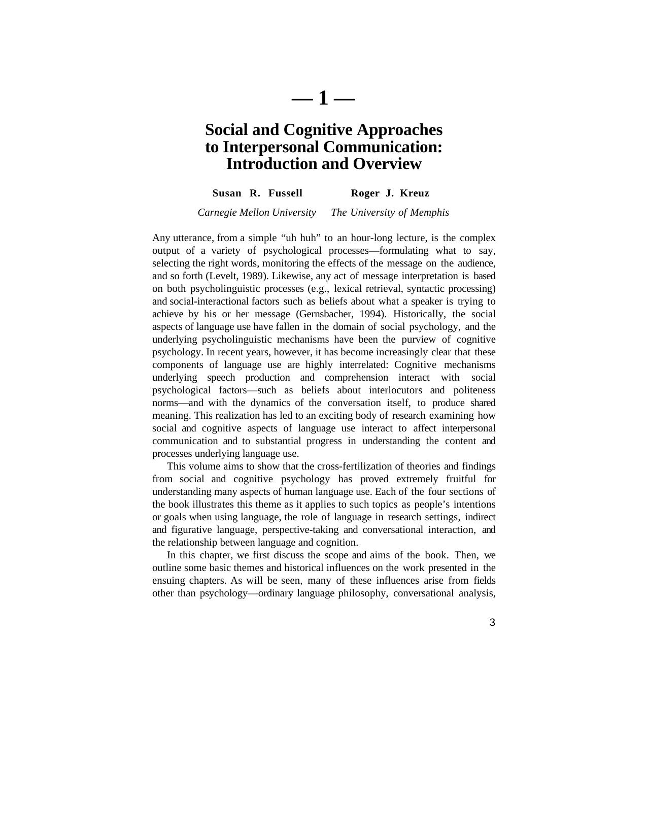 Social and Cognitive Approaches to Interpersonal Communication