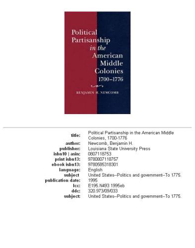 Political Partisanship in the American Middle Colonies, 1700--1776