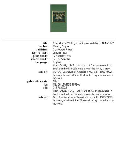 Checklist of Writings on American Music, 1640-1992