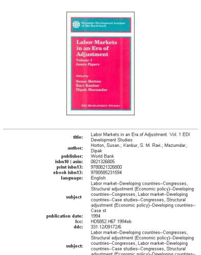 Labor Markets in an Era of Adjustment (Edi Development Studies) (Vol 1)