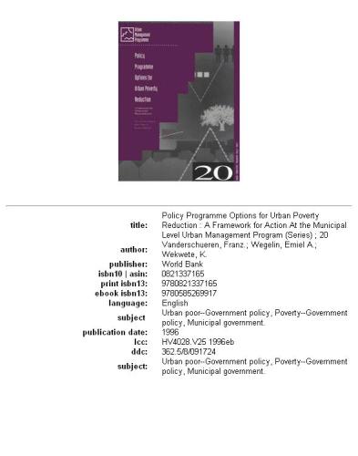 Policy Programme Options for Urban Poverty Reduction