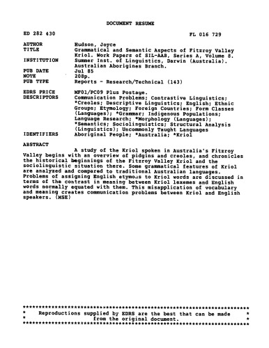 Grammatical And Semantic Aspects Of Fitzroy Valley Kriol