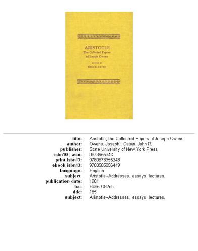 Aristotle (Collected Papers of Joseph Owens)