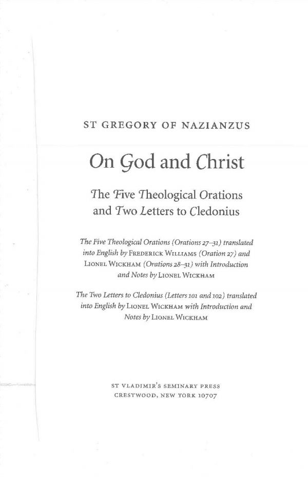 On God and Christ, The Five Theological Orations and Two Letters to Cledonius