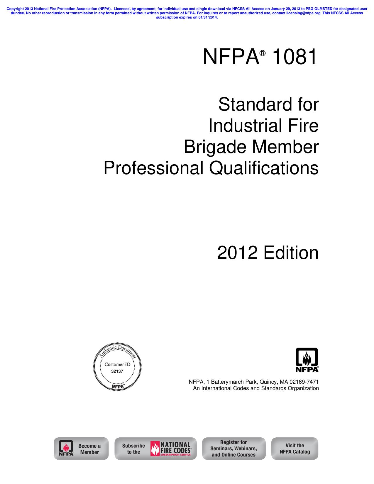 NFPA 1081 : Standard for Industrial Fire Brigade Member Professional Qualifications