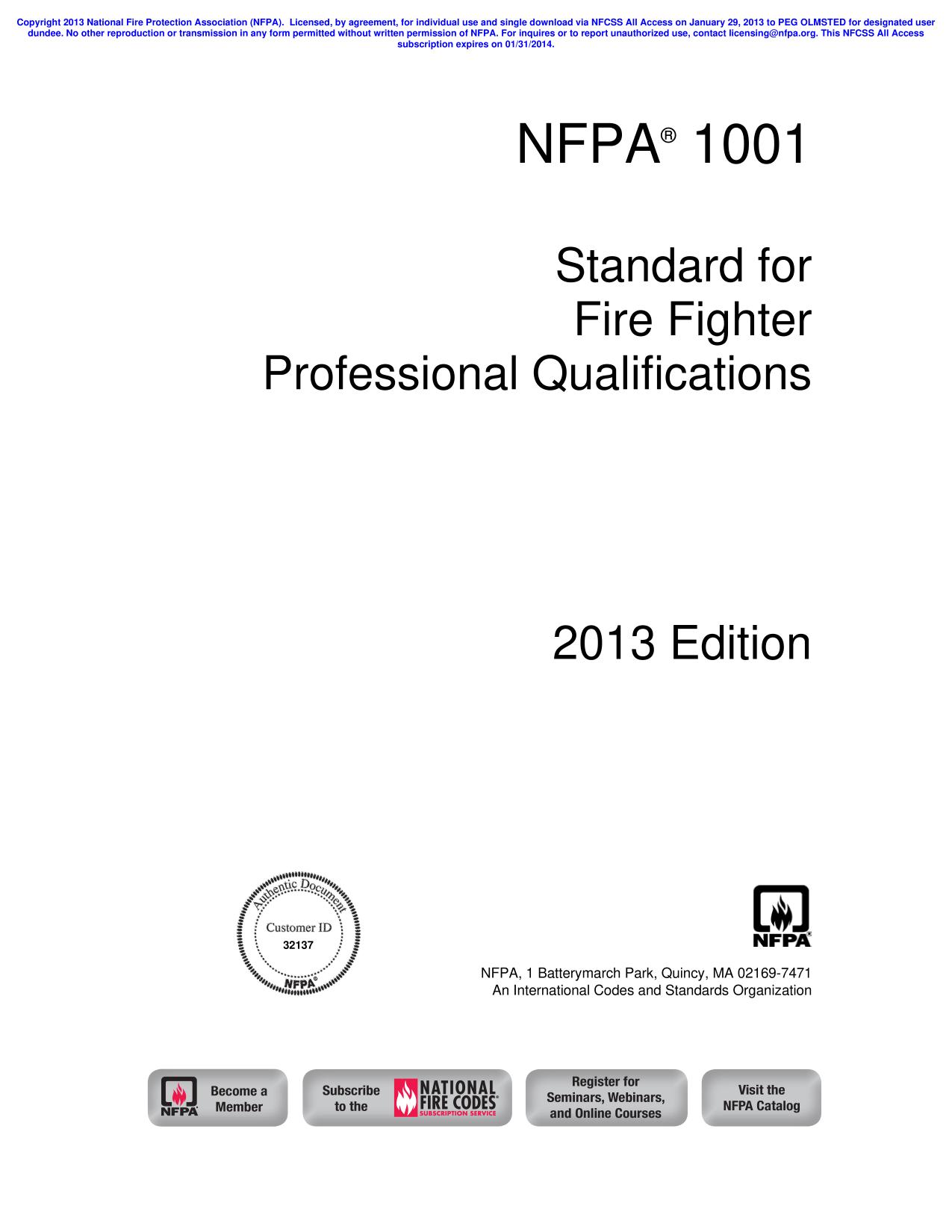 NFPA 1001, standard for fire fighter professional qualifications