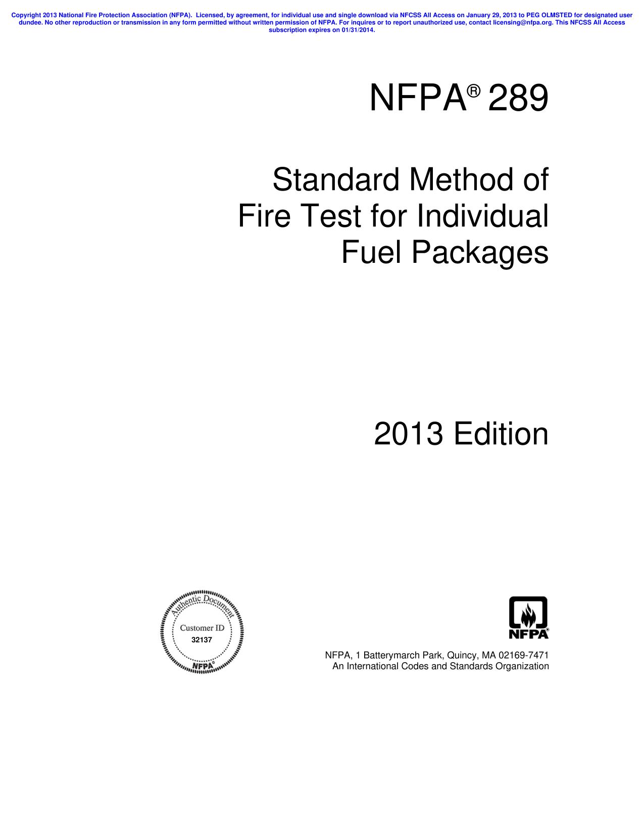 NFPA 289 Standard Method of Fire Test for Individual Fuel Packages 2013