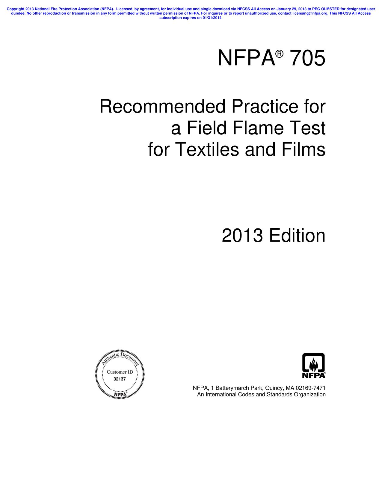 NFPA® 705 Recommended Practice for a Field Flame Test for Textiles and Films