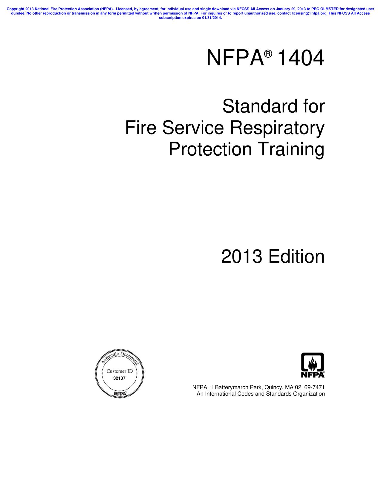 NFPA 1404 : standard for fire service respiratory protection training