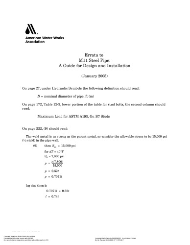 Steel Pipe   A Guide To Design And Installation, 2e (M11) (Awwa Manual, M11)
