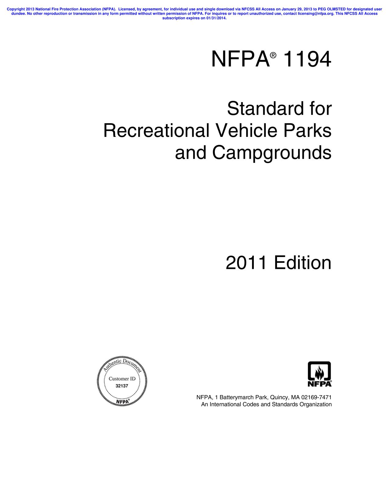 NFPA1194 : Standard for Recreational Vehicle Parks and Campgrounds