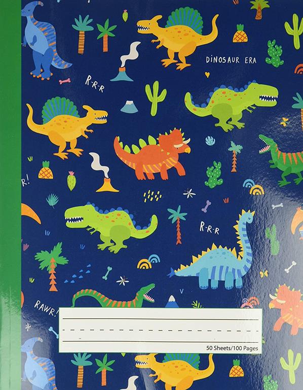 Dinosaur Era - Primary Story Journal: Dotted Midline and Picture Space | Grades K-2 School Exercise Book | 100 Story Pages - Blue (Kids Jurassic Composition Notebooks)