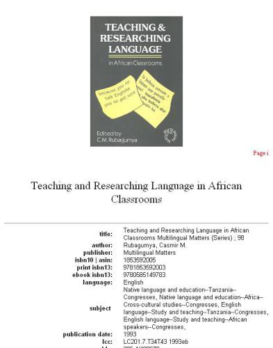 Teaching and Researching Language in African Classrooms (Multilingual Matters, 98)