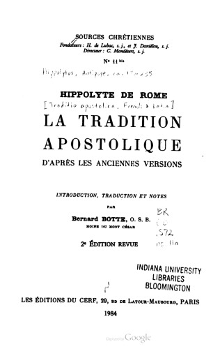 La tradition apostolique d'après les anciennes versions