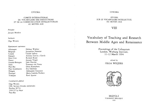 Vocabulary of teaching and research between Middle Ages and Renaissance : proceedings of the colloquium, London, Warburg Institute, 11-12 March 1994