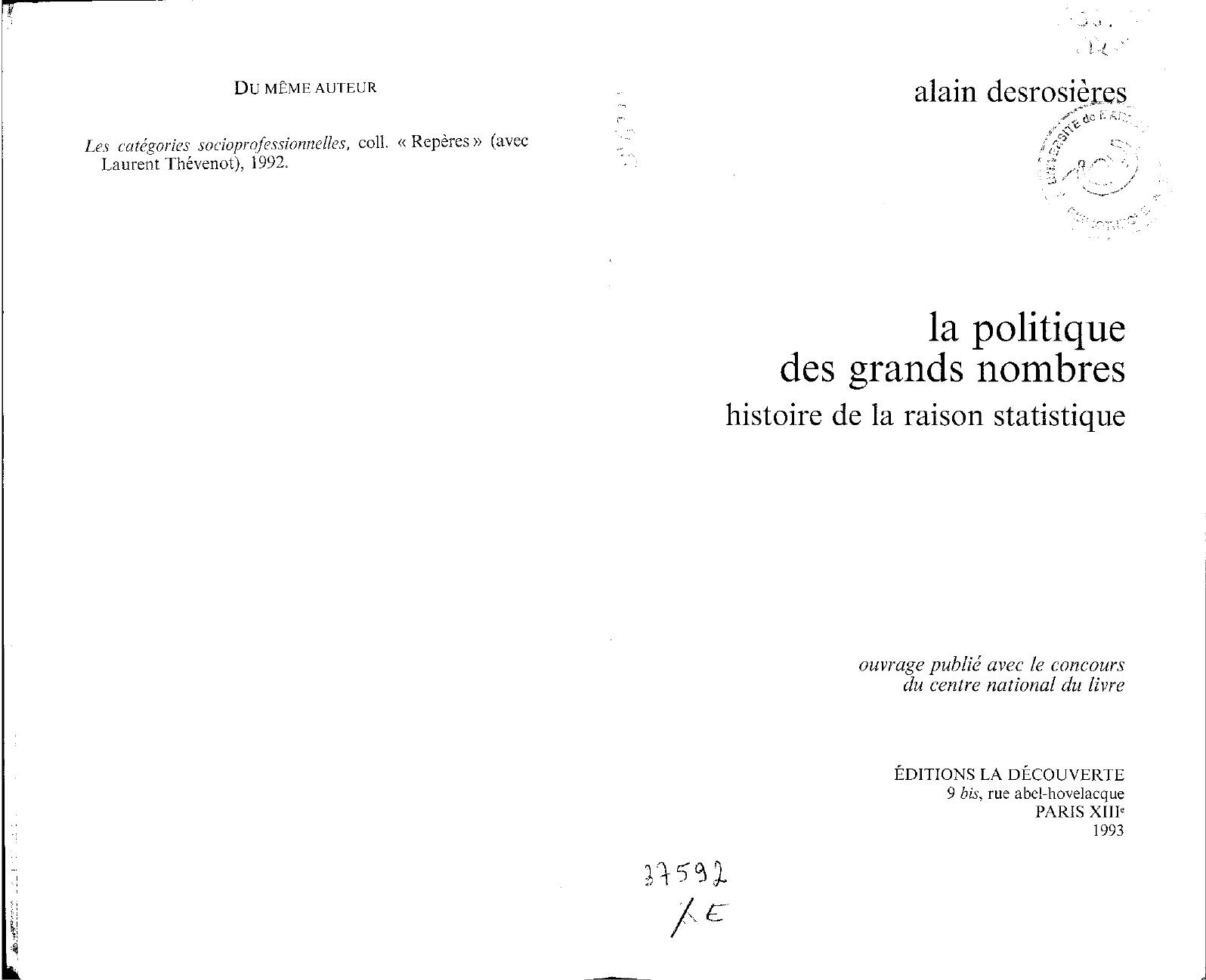 La politique des grand nombres : histoire de la raison statistique