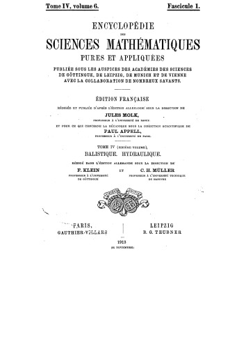 Encyclopédie des sciences mathématiques pures et appliquées. Tome IV (sixième volume), Balistique, hydraulique