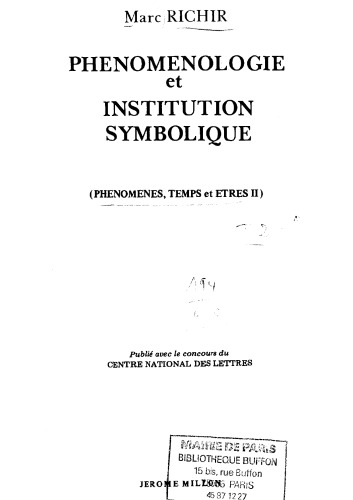 Phénoménologie et institution symbolique