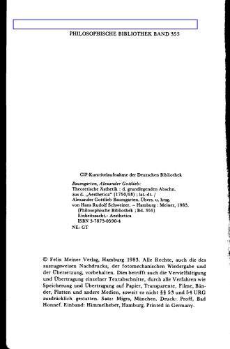 Theoretische Ästhetik : die grundlegenden Abschnitte aus der "Aesthetica" (1750/58) : Lateinisch-Deutsch