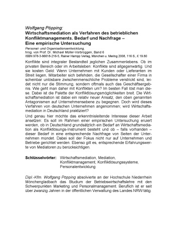 Wirtschaftsmediation als Verfahren des betrieblichen Konfliktmanagements : Bedarf und Nachfrage - Eine empirische Untersuchung