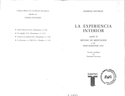 La Experiencia interior : seguida de Método de meditación ; y de Post-scriptum 1953