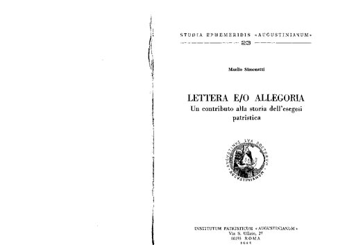 Lettera e/o allegoria: un contributo alla storia dell'esegesi patristica