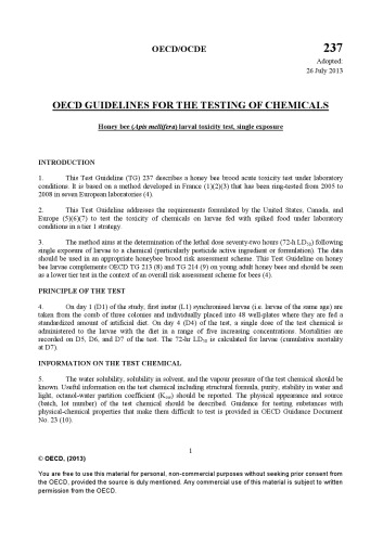 Test No. 237: Honey Bee (Apis Mellifera) Larval Toxicity Test, Single Exposure