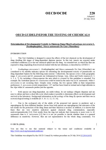 Test No. 228: Determination of Developmental Toxicity to Dipteran Dung Flies(Scathophaga stercoraria L. (Scathophagidae), Musca autumnalis De Geer (Muscidae))