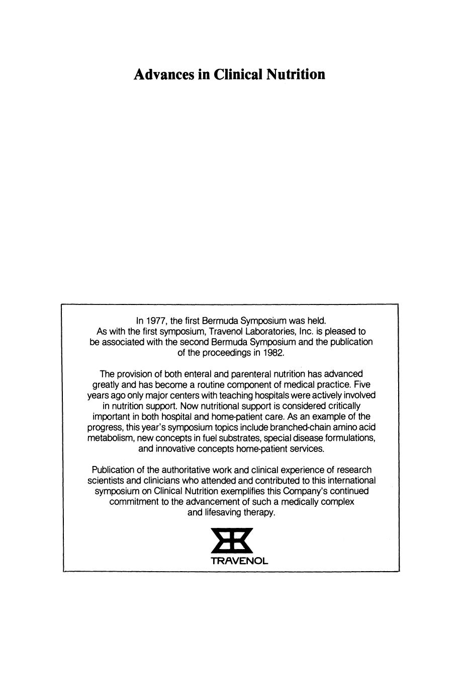 Advances in Clinical Nutrition : Proceedings of the 2nd International Symposium held in Bermuda, 16-20th May 1982.
