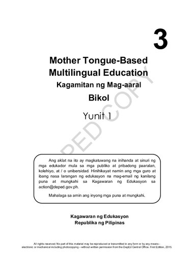 Mother Tongue-Based Multilingual Education. Kagamitan ng Mag-aaral. Bikol 3