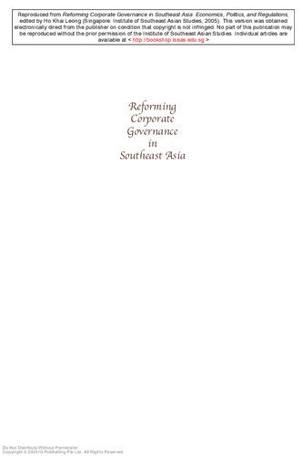 Reforming Corporate Governance in Southeast Asia Economics, Politics and Regulations