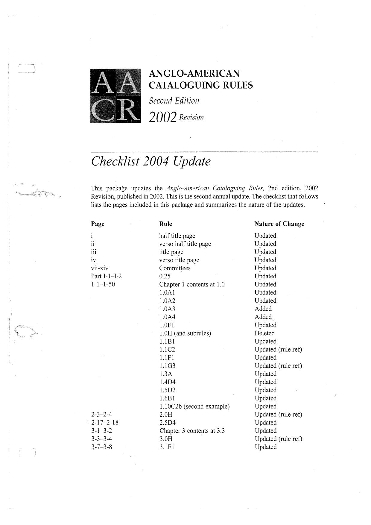 Anglo-american Cataloguing Rules 2002 Revision: 2004 Update (Update Pages Only) (Anglo-American Cataloguing Rules (Loose-Leaf Updates))