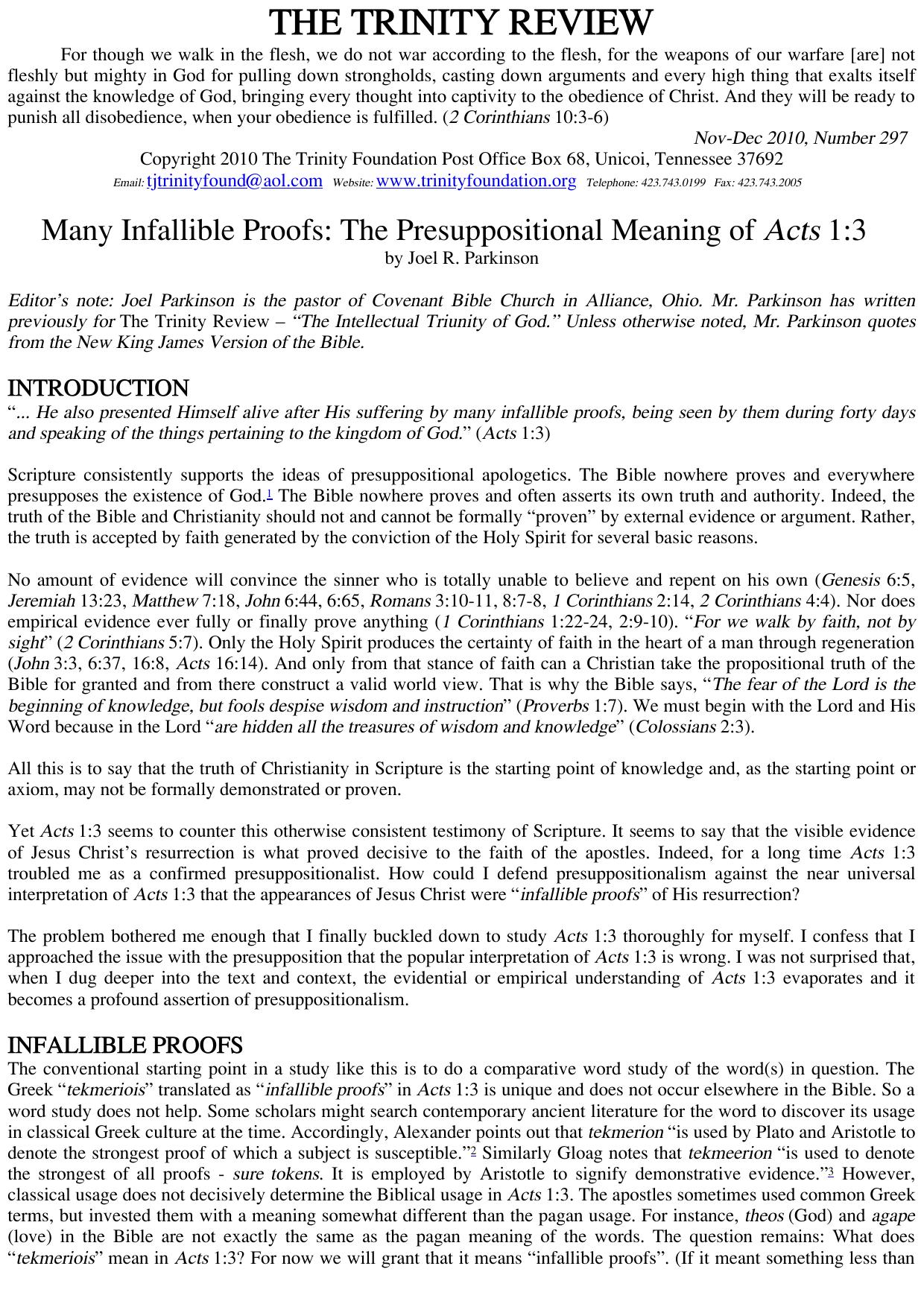 Trinity Review - 297 - Many Infallible Proofs The Presuppositional Meaning Of Acts 1-3