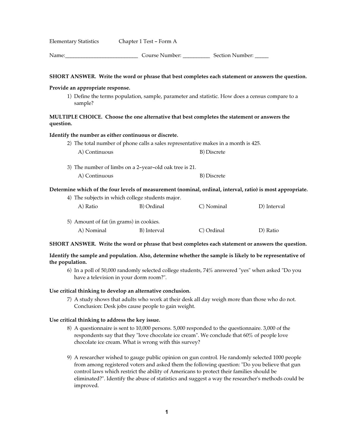 Elementary Statistics Using The Graphing Calculator Triola Tests