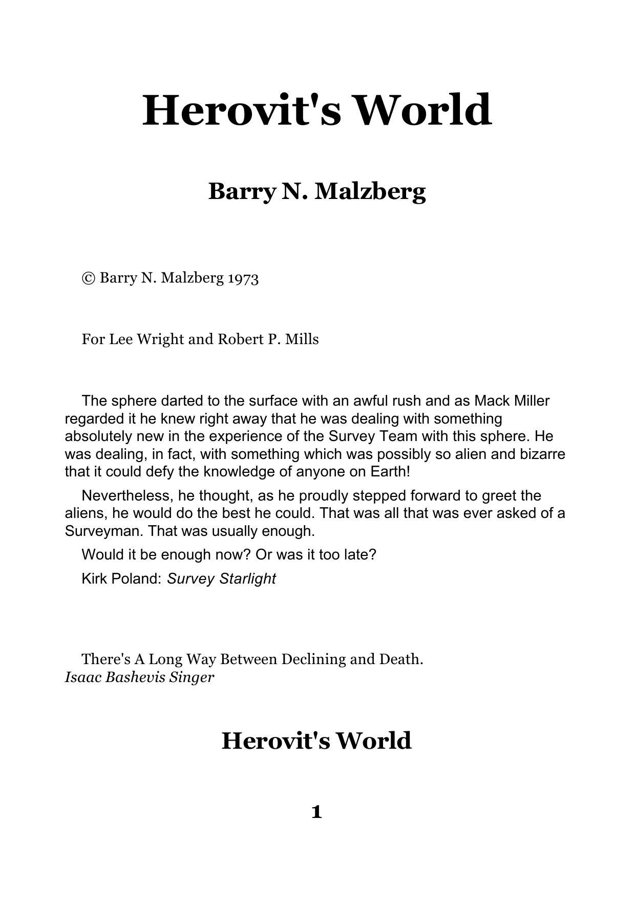 Barry N Malzberg Herovit S World