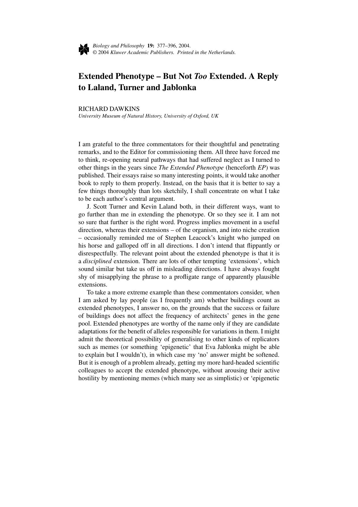 Richard Dawkins 2004 Reply Extended Phenotype