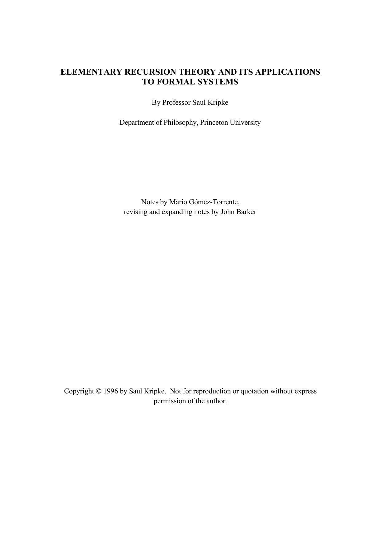 Elementary Recursion Theory And Its Applications To Formal Systems Kripke