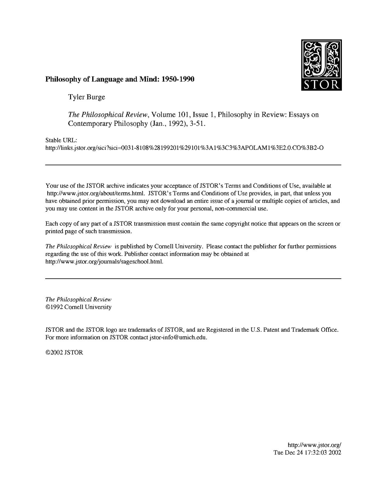 Jstor Burge Philosophy Of Language And Mind 1950 1990
