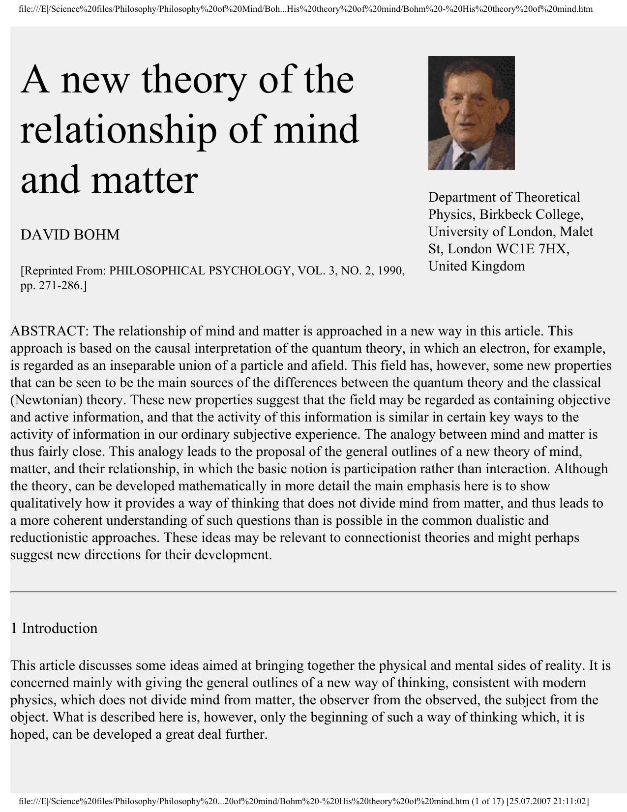 Bohm's Model of Mind