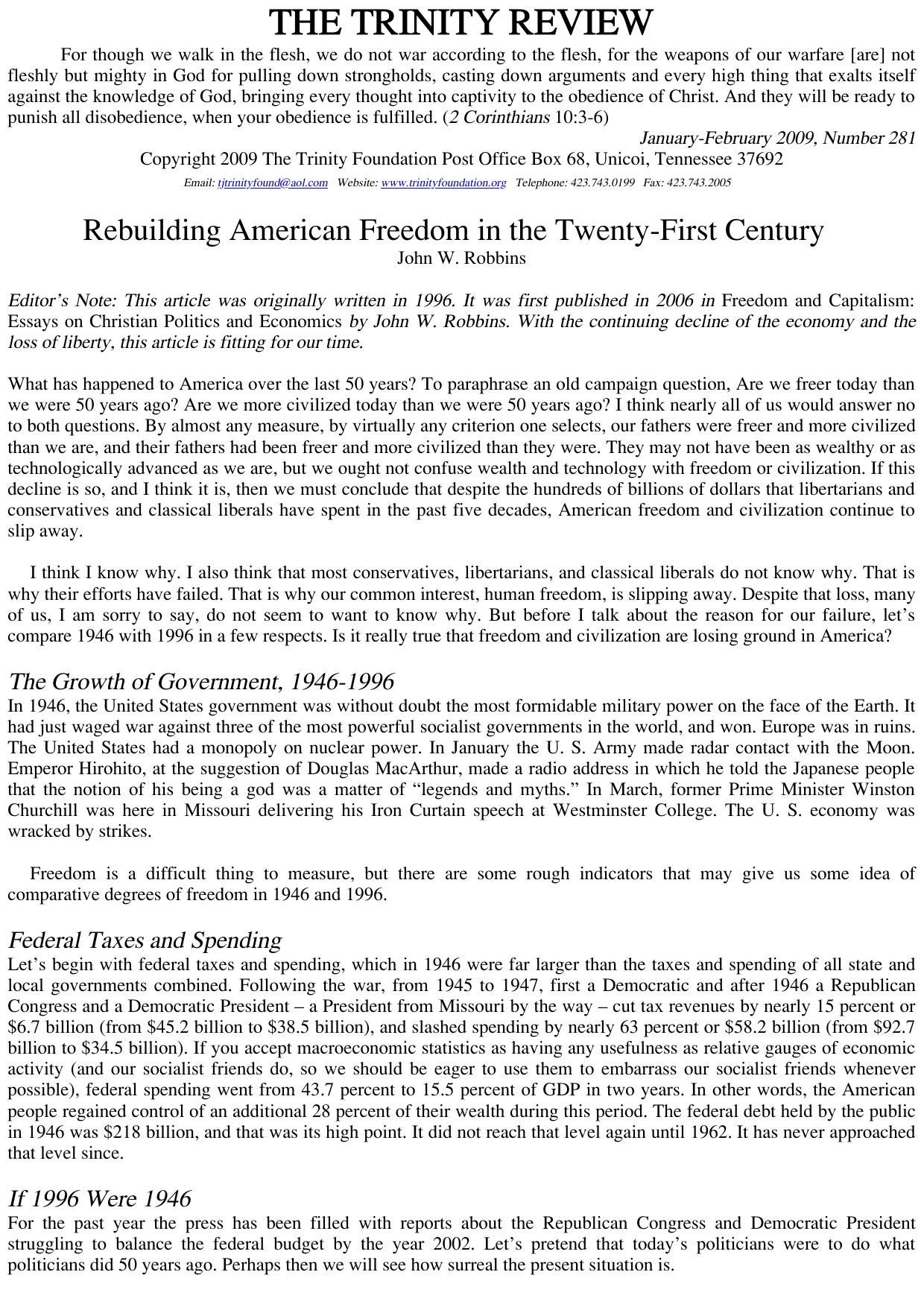 Trinity Review - 281 - Rebuilding American Freedom in the Twenty-First Century