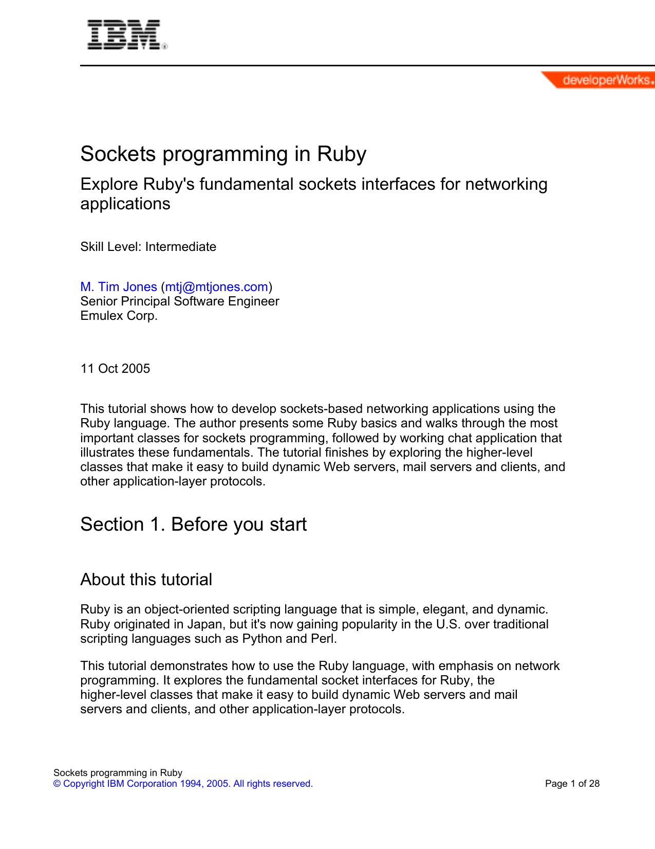 Jones Sockets programming in Ruby 2005