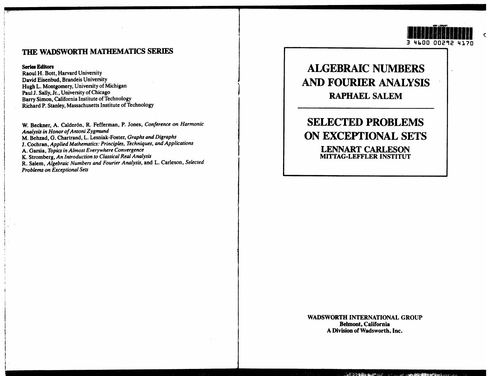 Algebraic Numbers And Fourier Analysis Salem