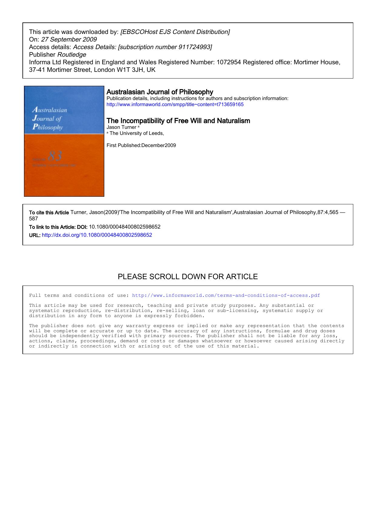 Australasian Journal Turner Jason The Incompatibility Of Free Will And Naturalism
